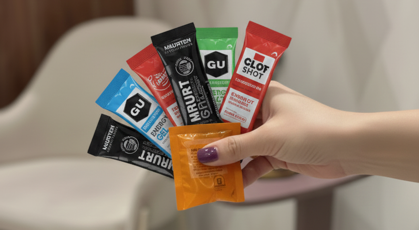 Mao segurando diversas marcas de gel de carboidrato