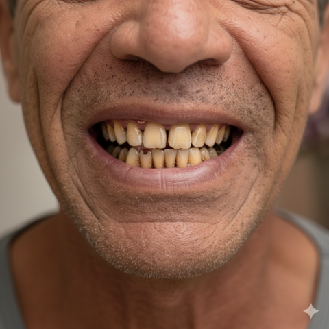Sorriso com dentes amarelados pelo cigarro