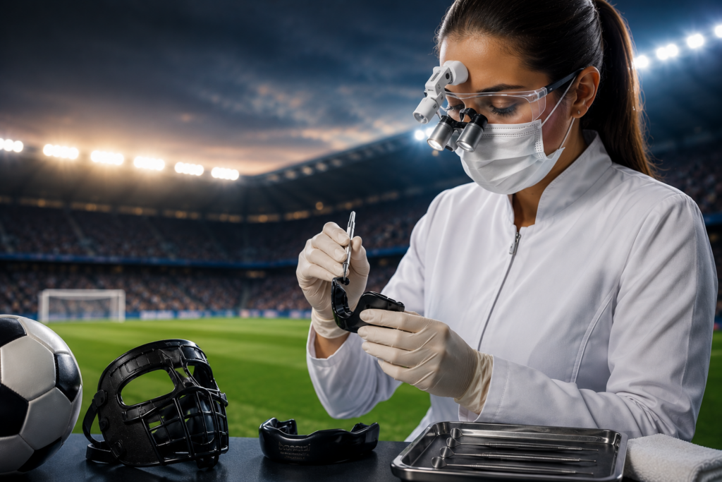 Dentista mulher manipulando instrumentos para criar uma proteção dentária com campo de futebol ao fundo
